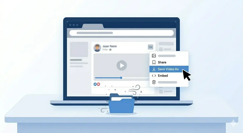 A flat design illustration showing a laptop browser 
screen with a video playing in a tab. A right click 
context menu is open over the video with Save Video 
As option highlighted in blue. A cursor arrow pointing 
at the save option. A folder icon below the laptop 
showing where the file will be saved. Light blue and 
white background, modern flat design, no text.