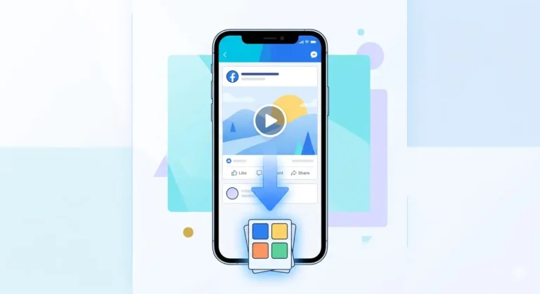 An iPhone showing the Facebook app with a video playing and a "Save to Photos" icon nearby