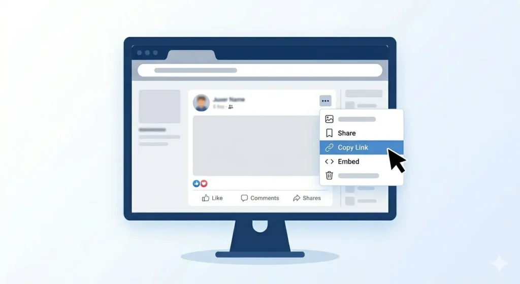 Copy Facebook video link from three dots menu on PC browser
