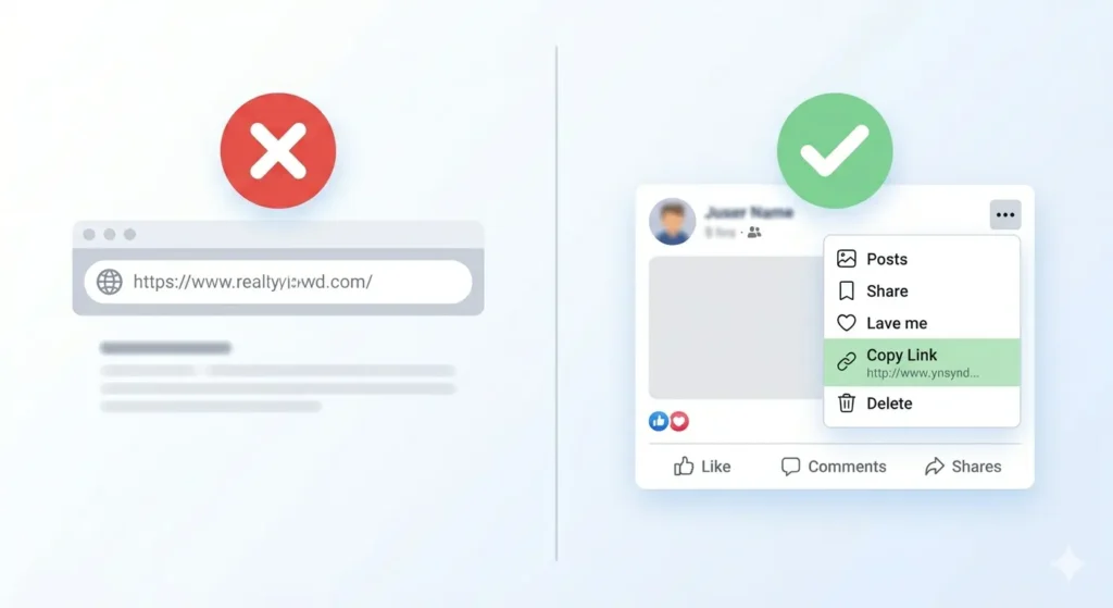 How to correctly copy Facebook video link using three dots menu
